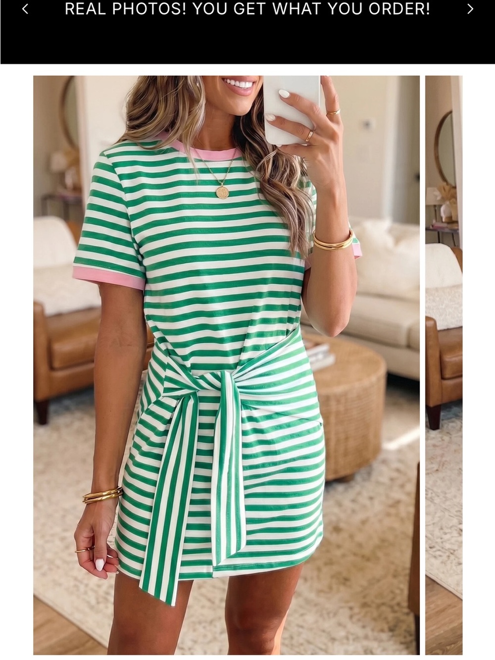 Striped Green and White Tie-Waist T-Shirt Dress - Women